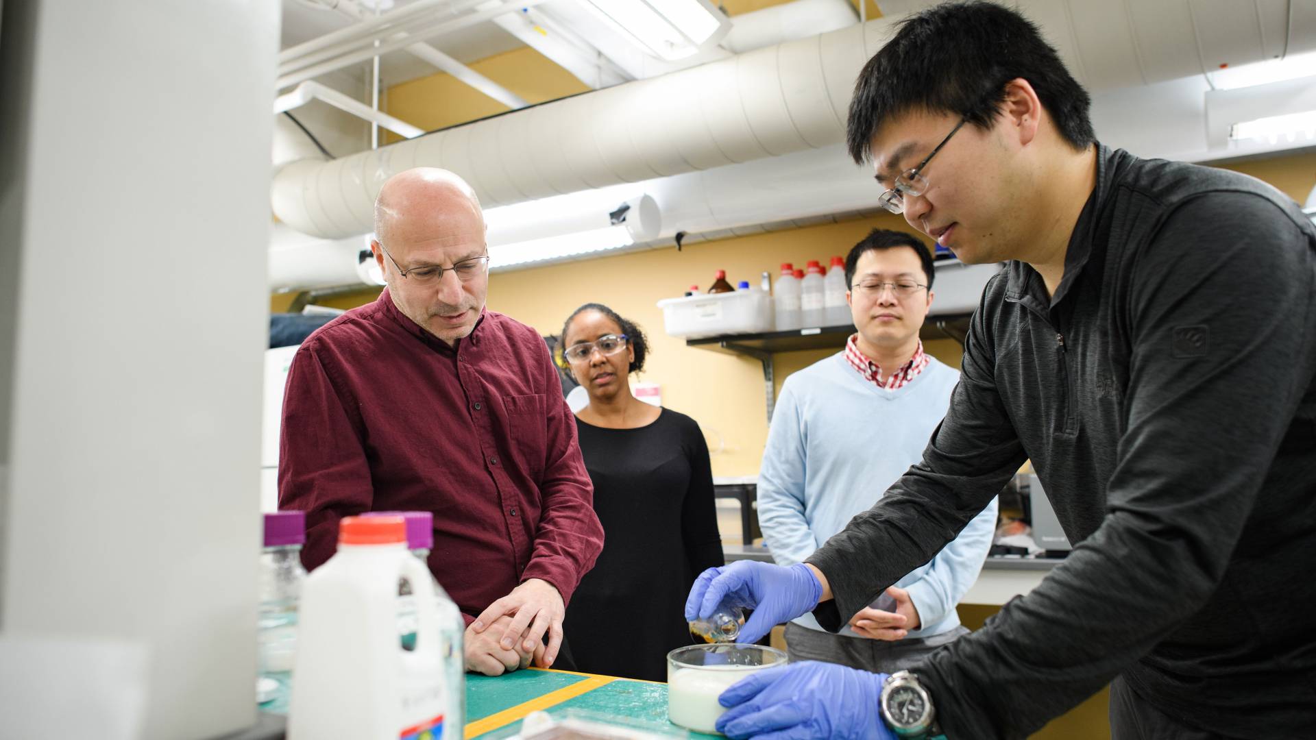 Lailai Zhu, postdoctoral researcher, Professor Howard Stone, Janine Nunes, postdoctoral researcher, and Nan Xue, graduate student. 
