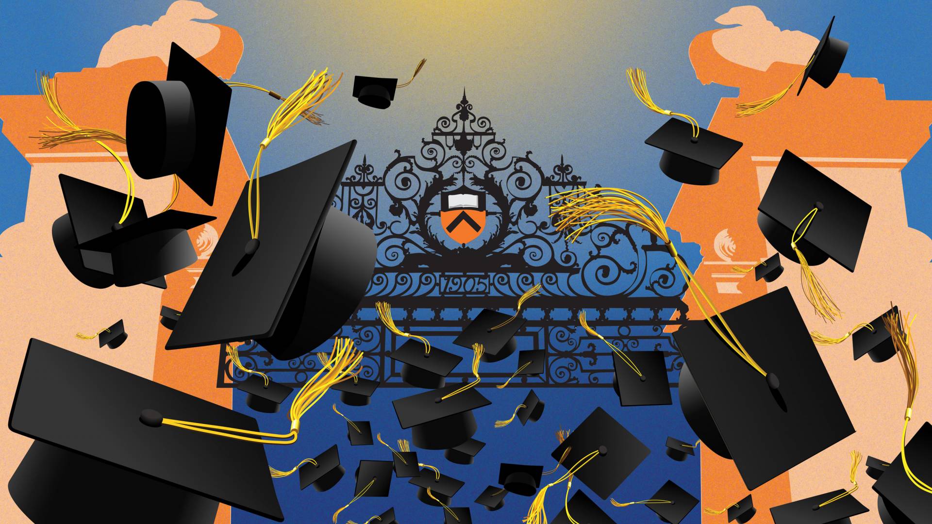 mortarboards in the air in front of Fitzrandolph Gate