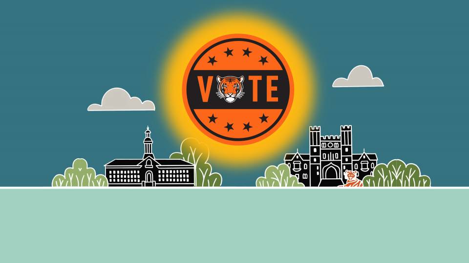illustration of orange vote button rising like the sun in a campus landscape