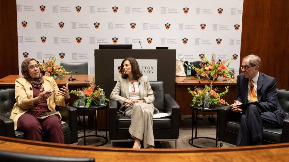 Panelists Amaney Jamal and Keren Yarhi-Milo sat on the stage at Robertson Hall with President Chris L Eisgruber moderating