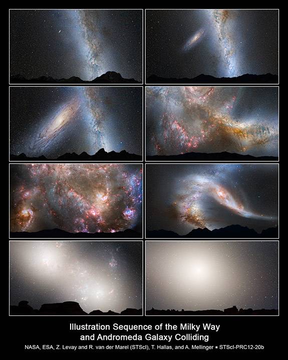 Senior Thesis Dayton Martindale Illustration Sequence of the Milky Way and Andromeda Galaxy Colliding