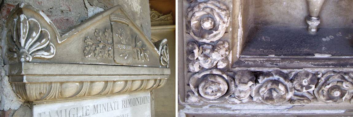 Using a calcium compound commonly found in bones and teeth, Princeton researchers led by George Scherer, the William L. Knapp '47 Professor of Civil Engineering, are developing a method to protect marble structures from environmental damage. These images show decay of marble structures in the Certosa di Bologna cemetery in Italy. 