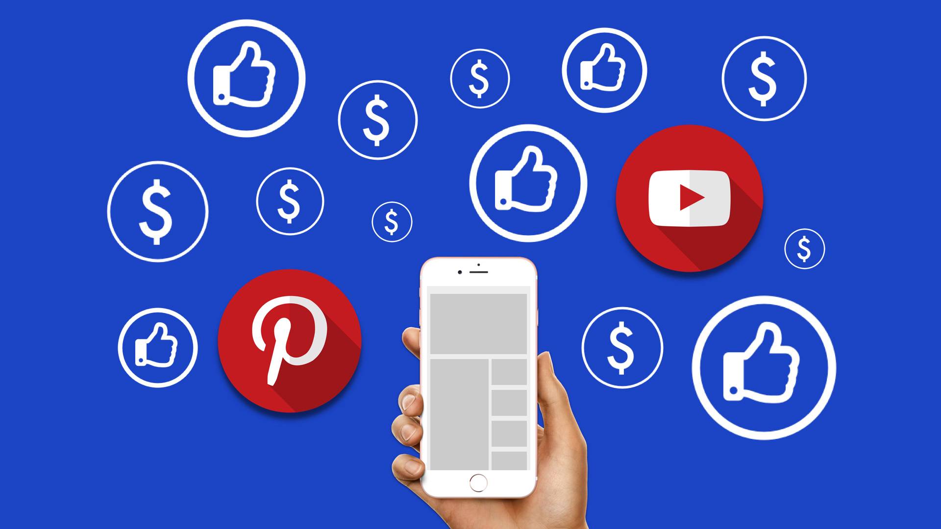 a hand holding a smartphone surrounded by icons of apps
