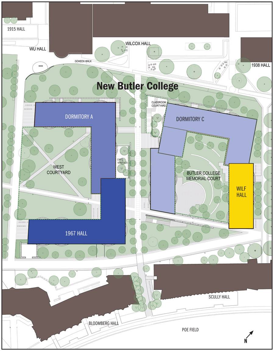 1967 Hall is in the southeast of the complex, facing the West Courtyard